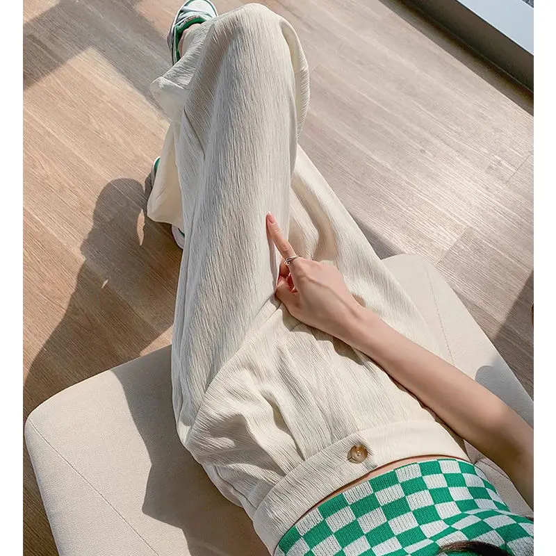 Ice Silk Chiffon Wide Legs Women's Narrow Version Large Size Summer Thin High Waist Drooping Fat Mm Straight Suit Pants