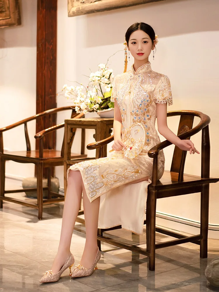 Chinese Style Tassels Peacock Embroidery Wedding Dress Traditional Beading Cheongsam Women Champagne Sequins Qipao