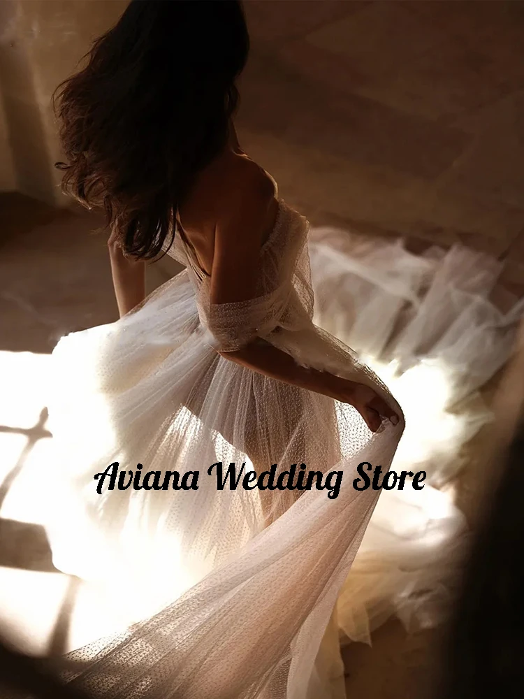 Customized Bohemia Dot Tulle Wedding Dress Off Shoulder Sweetheart Neck A-Line Bridal Gown Sweep Train Side Slit Dress 2025