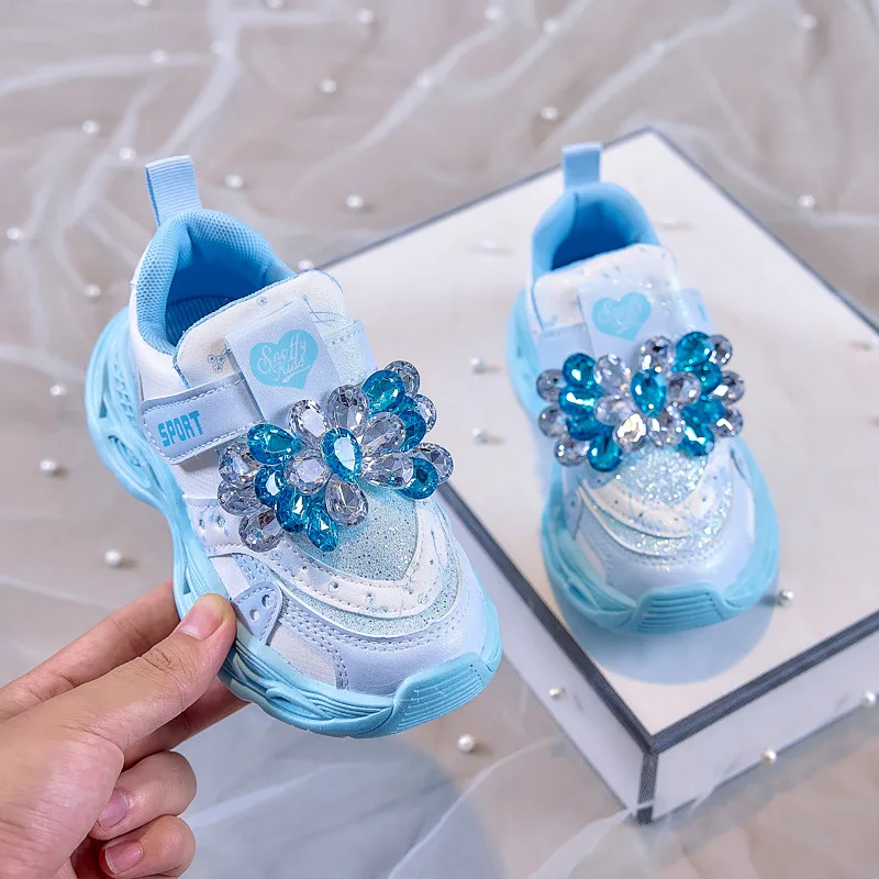

2026 New Girls' Sneakers - Frozen Elsa Princess Cartoon Light Up Shoes, Bling Crystal Blue Pink Velcro Casual Sport Shoes