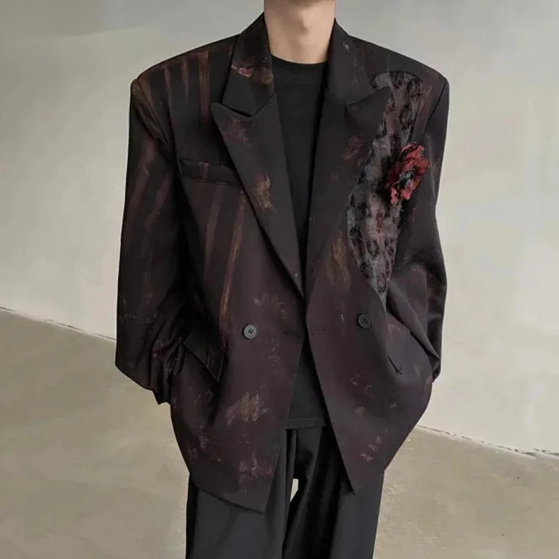 Men's Blazers Niche Design Three-dimensional Petal Design Tie-dye Patchwork Double Breasted Casual Male Suit Autumn ZAQW3