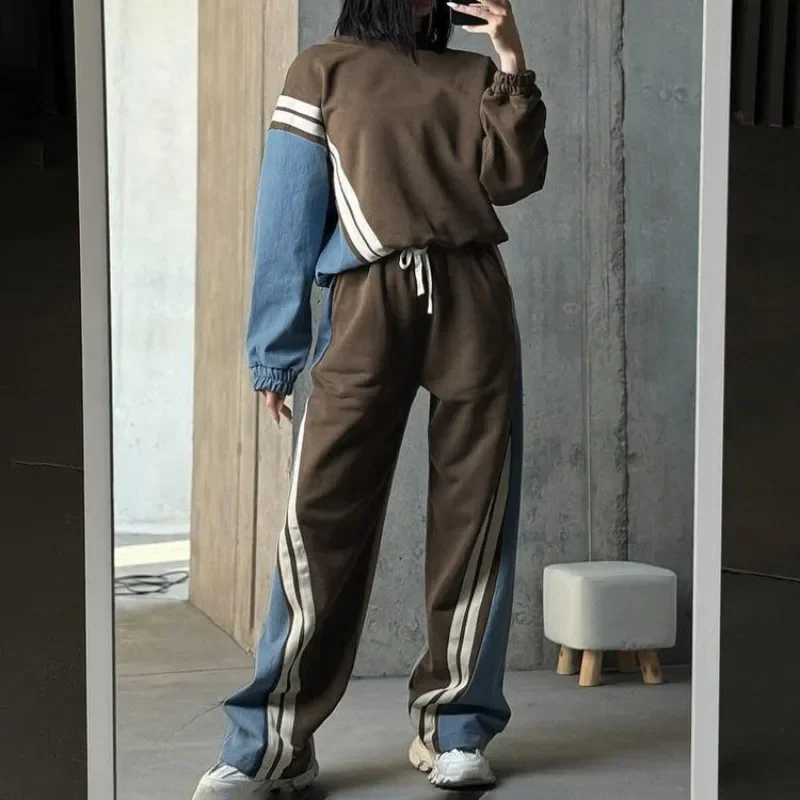 Fitness Outfits Chic 2024 Elegant Spliced Stripe Sweatshirt Top Pants Joggers Two Piece Set Autumn Winter Sport Women Tracksuit