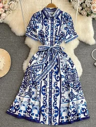 Summer Retro Holiday Porcelain Midi Dress Women Short Sleeve Single Breasted Y2k Vintage Dress Female Elegant Festival Clothes