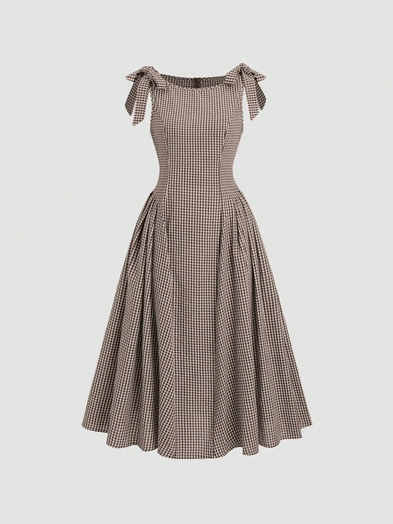 

Коричневое платье миди А-силуэта с квадратным вырезом, бантом на плече и узором в клетку