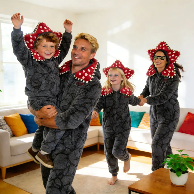 Demogorgon Plant Fluffy Jumpsuit Children Family Matching Soft Warm Pajama Sets for Kid Adult Cosplay Masquerade Party Outfits view 2