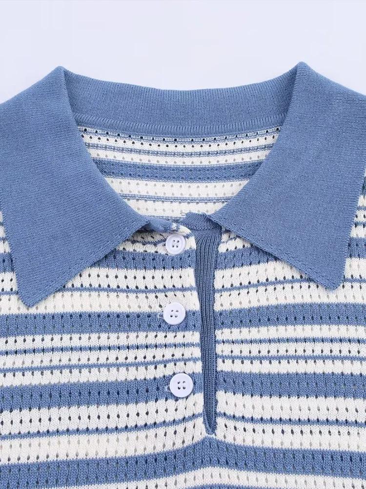 European and American style 2025 summer new products women's clothing versatile striped lapel short-sleeved sweater