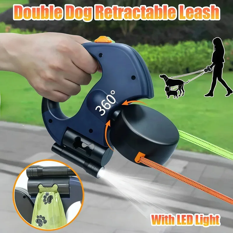 

Retractable Dog Leash Dual End Automatic Locking Pet Lead with LED Flashlight for Night Walking Two Dogs Easily Hands Free