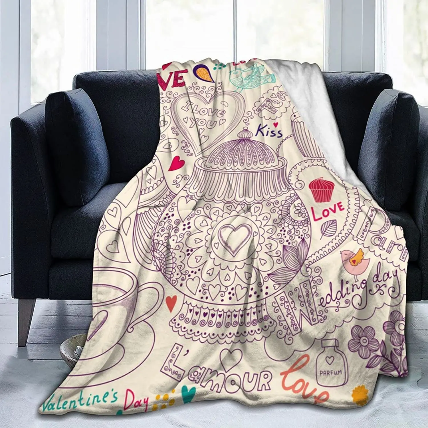 Hand Drawn Cupcake Teapot Throw Blanket Lightweight Microfiber Soft Warm Blankets for Bed Couch Sofa Bedspread Quilt 50