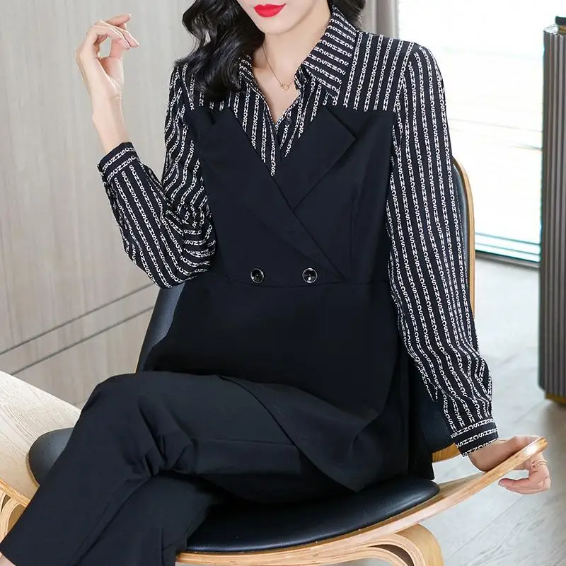 Elegant Fashion Button Patchwork Chiffon Shirt Spring Autumn 2023 New Polo-Neck Long Sleeve Slim Pullover Blouse Women\'s Clothes