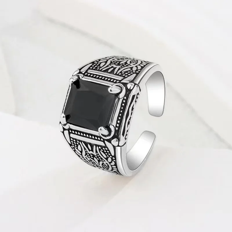 High Quality Black Crystal Retro Flower Thai Silver Men`s Wedding Rings Jewelry For Man Gifts No Fade Cheap