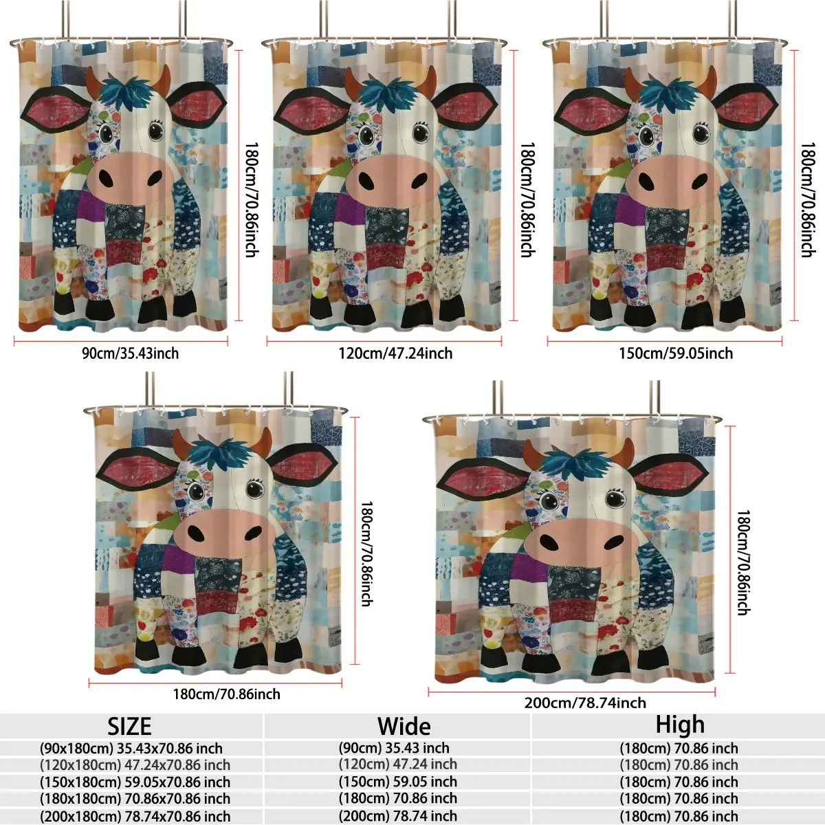 Colorful Patchwork Cow Shower Curtain Polyester Digital Printing Lovely Farm Cow Made of Mixed Floral Fabric Patches Vintage