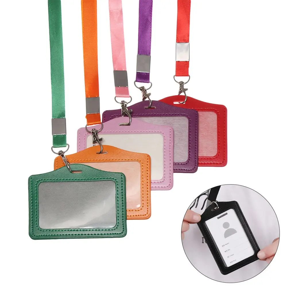 ID Leather Card Holders Lanyard Card sleeve Women Men PU Bank Card Name Credit Card Holders Neck Strap Card Candy Colors