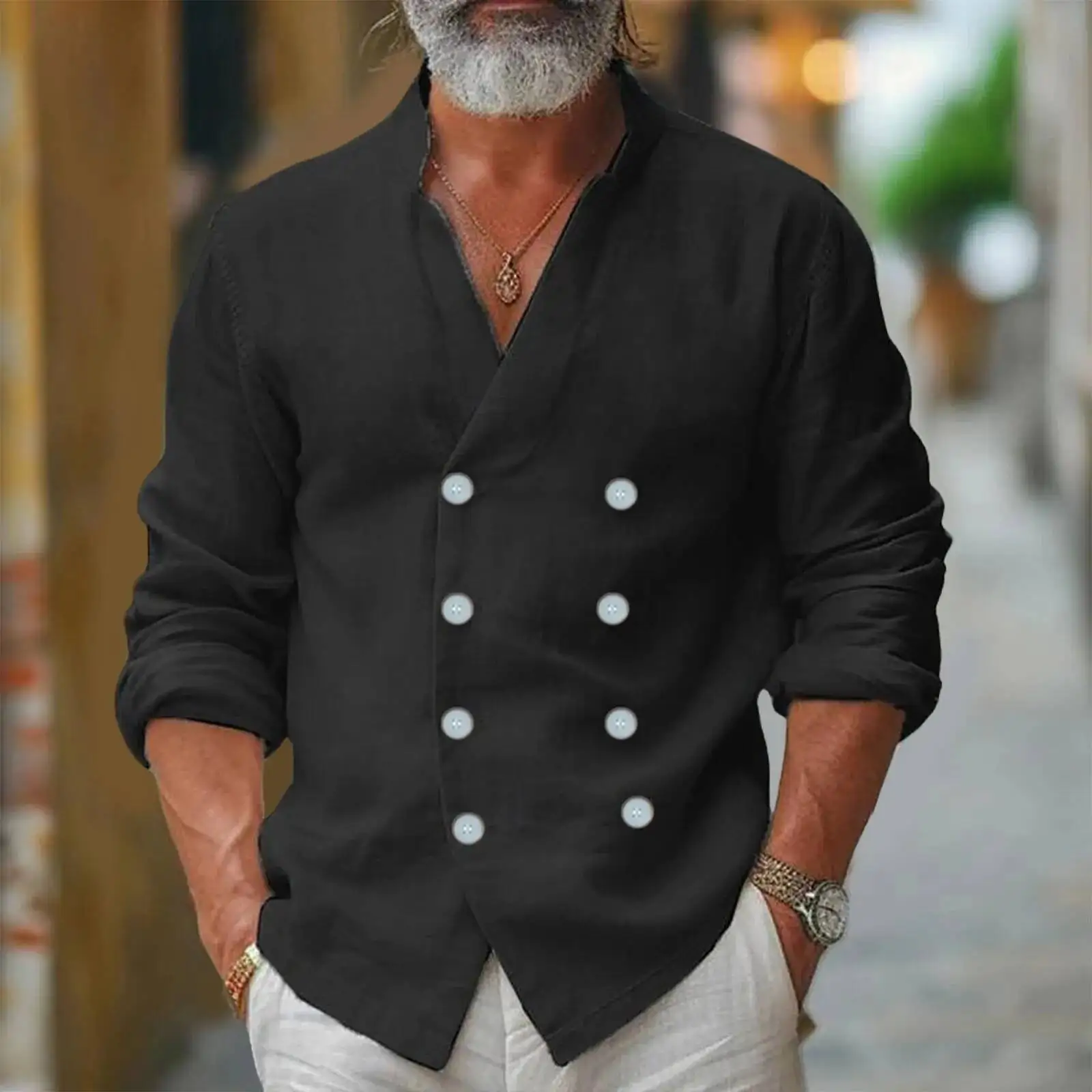 Mens Double Breasted Stand Up Solid Color Long Sleeved Male Pocket Regular-Fit Button-Down Work Man Shirt