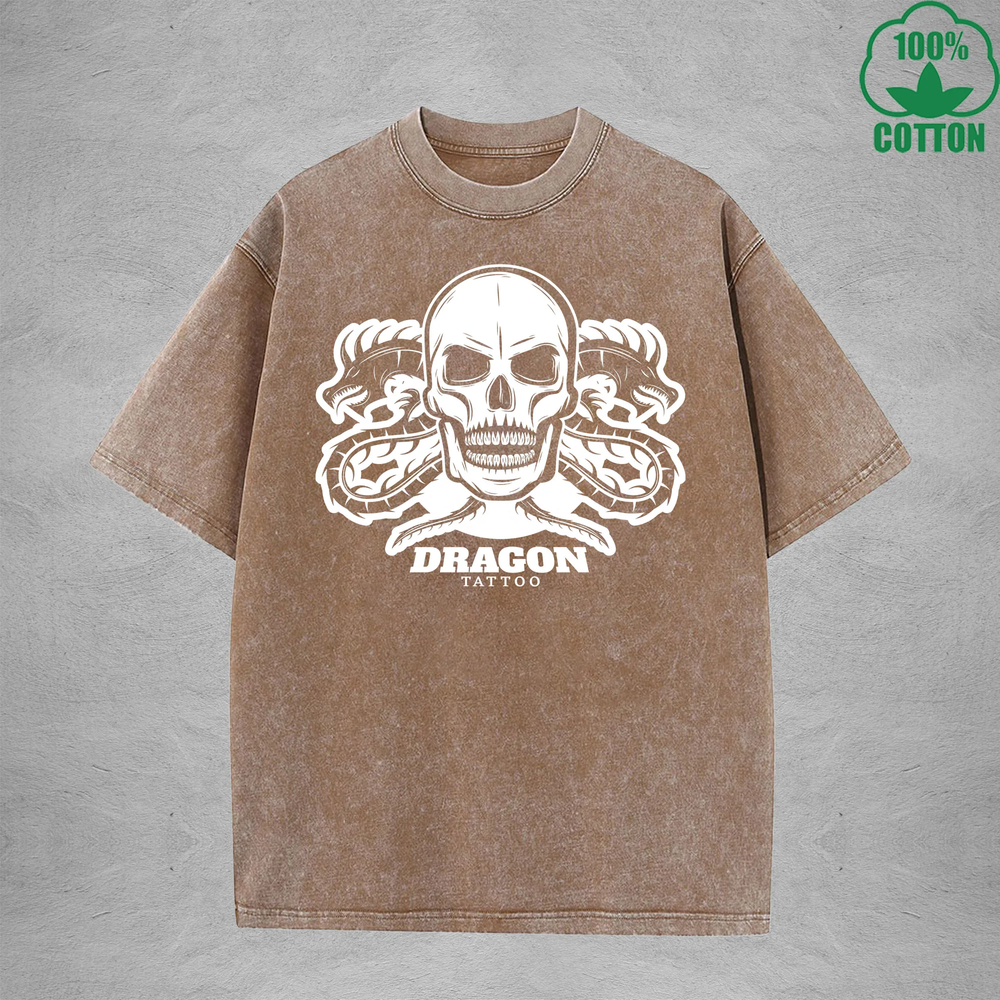 Dragon Tattoo Interest Printed Washed T-Shirt 230G Multicolor Loose Trendy Fashionable Cotton Short Sleeve Top