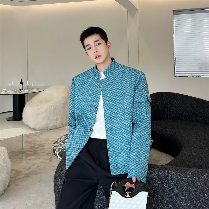 

Retro Chinese Sle Men's Blue Plaid Faion Outerwear Loose Fit Suit Jaet Youth Trendy Spring Autumn Winter Casual Wear