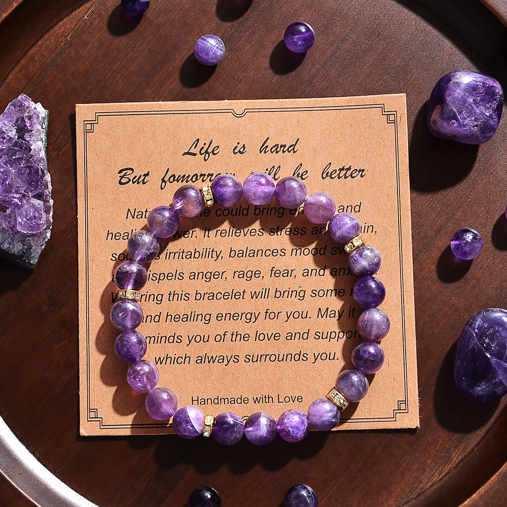 2pcs Handmade Natural Amethyst Bracelet-Stress Relieving Crystal Bracelet with Inspirational Cards,Balanced Energy Jewelry Gift