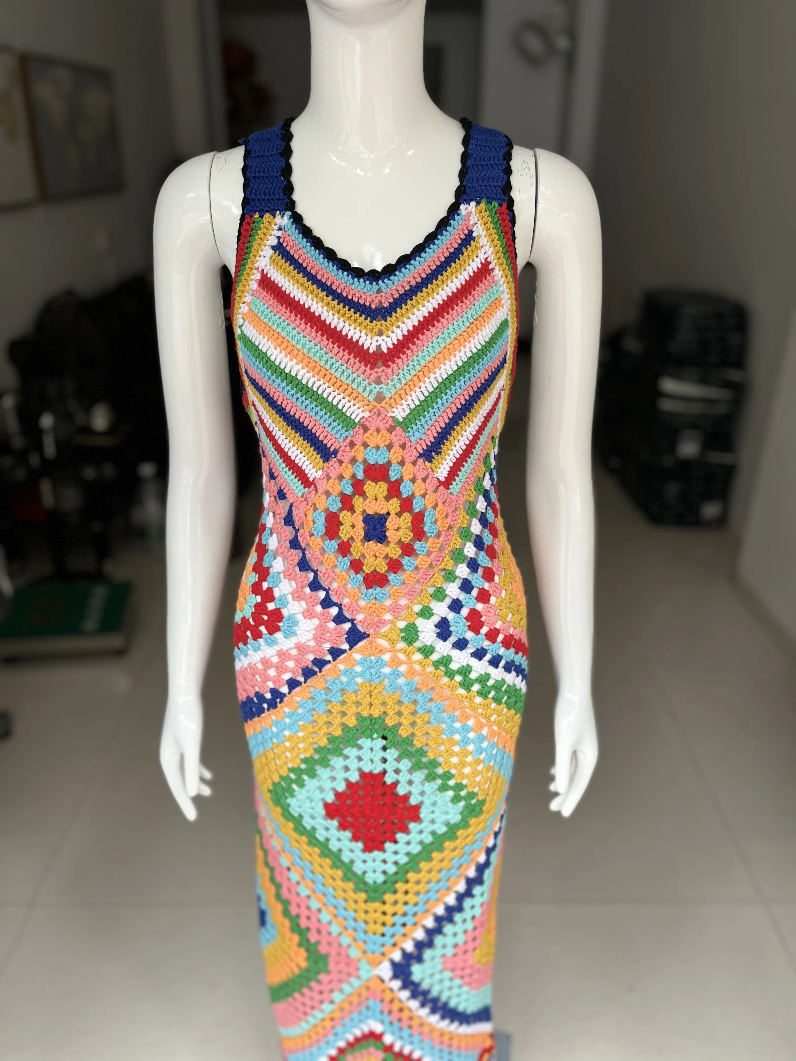 Summer Boho Handmade Crochet Maxi Dresses for Women Colorful Racerback Sexy Cover Up Long Knit Bora Dress Vacation Clothing