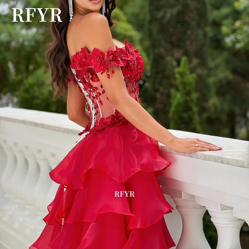 فستان سهرة مزين بالزهور ثلاثية الأبعاد من RFYR متعدد الطبقات للحفلات الراقصة على شكل حرف A فستان الأميرة مناسب رسميًا حسب الطلب