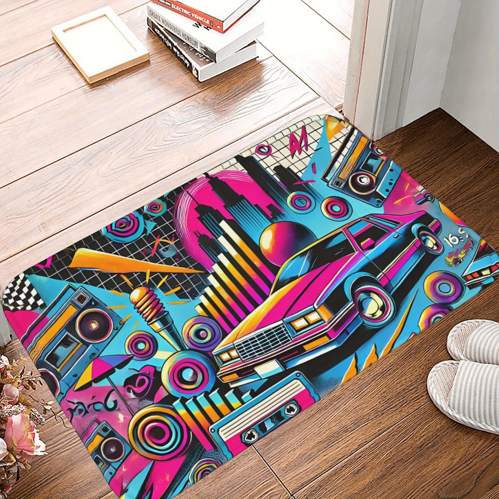 Retro 80s Cityscape Doormat - High-Quality Non-Slip Mat, Vibrant Neon Design for Music and Car Enthusiasts, Unique Home Decor