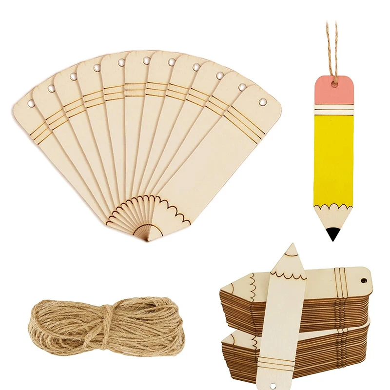 10Pcs Wooden Blank Pencil Shaped Bookmarks DIY Unfinished Hollow Out Twine Tags Hanging For Student Party Decorations image 2