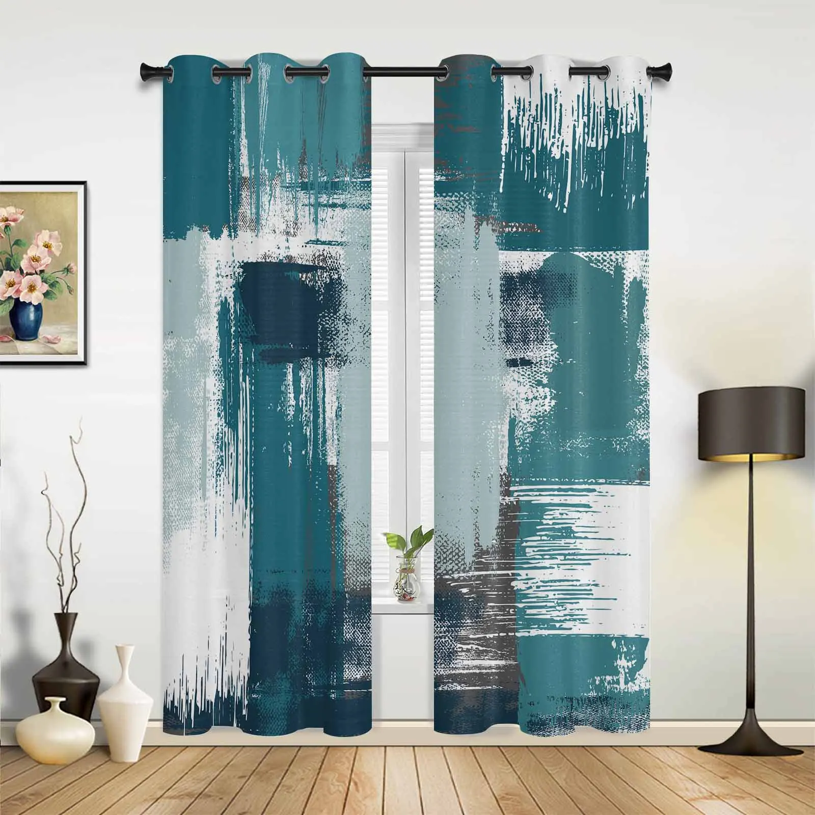 Abstract Oil Painting Blue-Green Modern Hall Curtains for Living Room Bedroom Window Curtains Panels Drapes