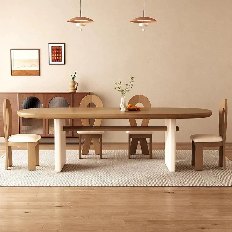 Cream style solid wood oval dining table and chair combination French vintage style designer workbench office conferencetable