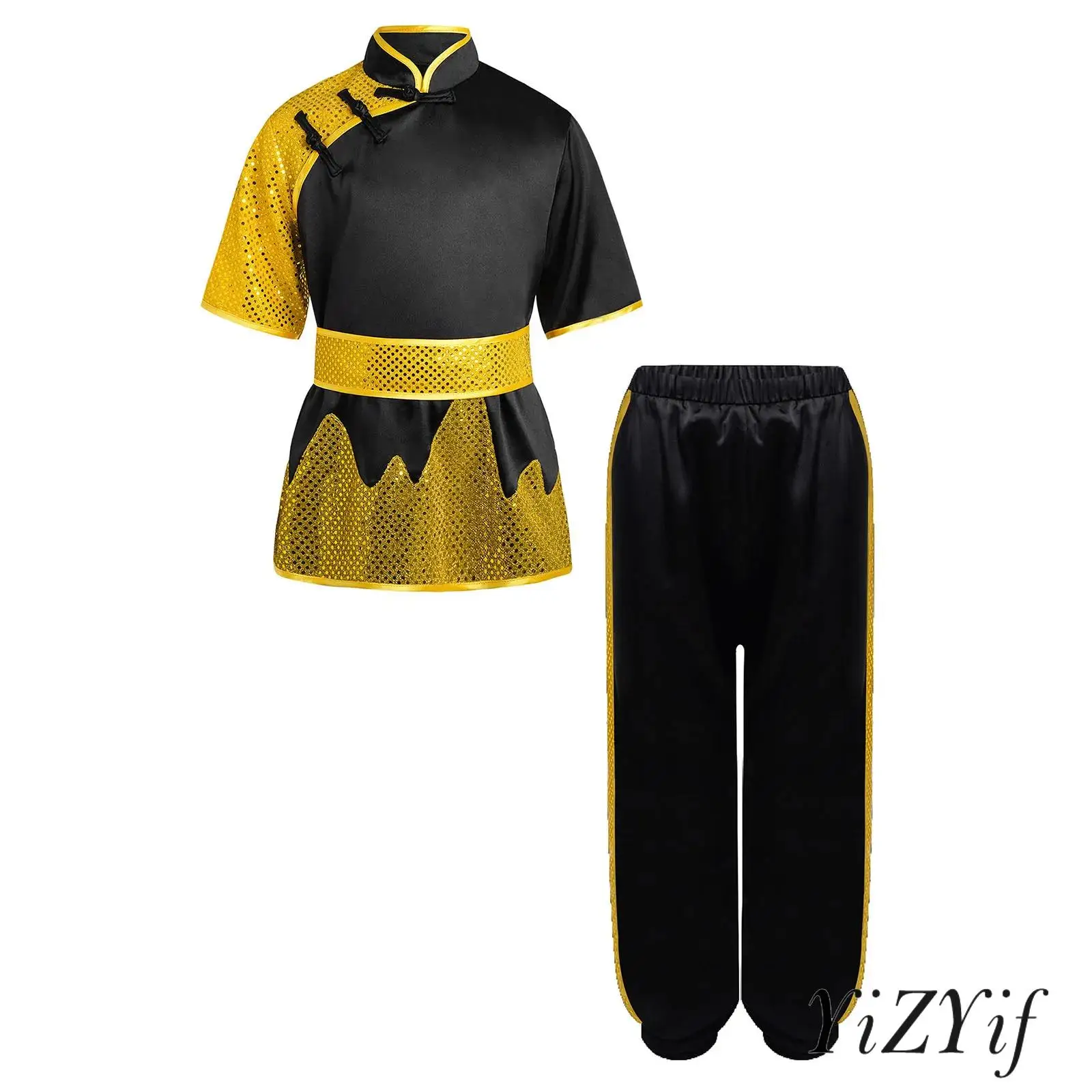 

Kung Fu Performance Outfit for Kids Unisex Color Block Shiny Sequins Top And Shorts Martial Arts Warrior Dress Up Costume