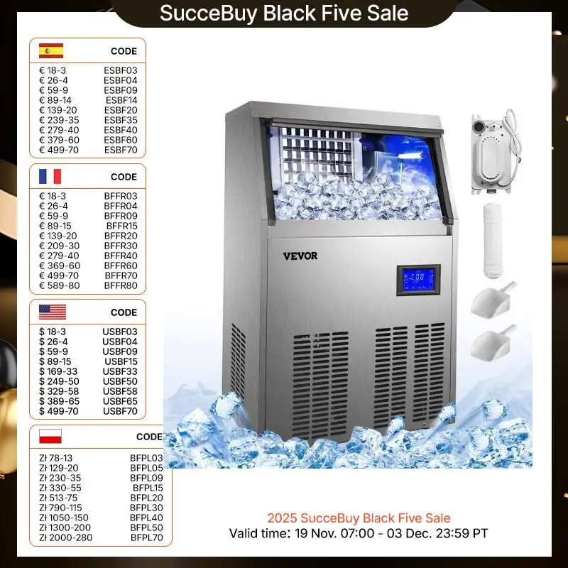 VEVOR 50-70 KG/24H Elektrische Eiswürfelmaschine Generator Produktion Edelstahl Chopper für Restaurants Bars Kommerziell