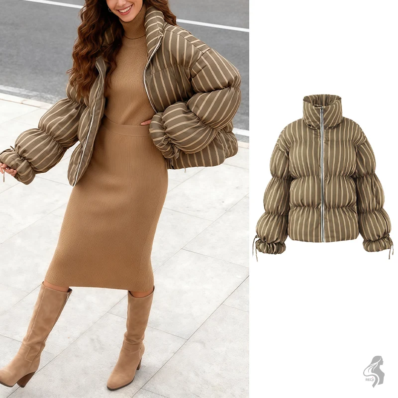 

Женская свободная удобная повседневная пышная хлопковая куртка с высоким воротником на молнии и завязками в полоску, необходимо иметь осенью и зимой