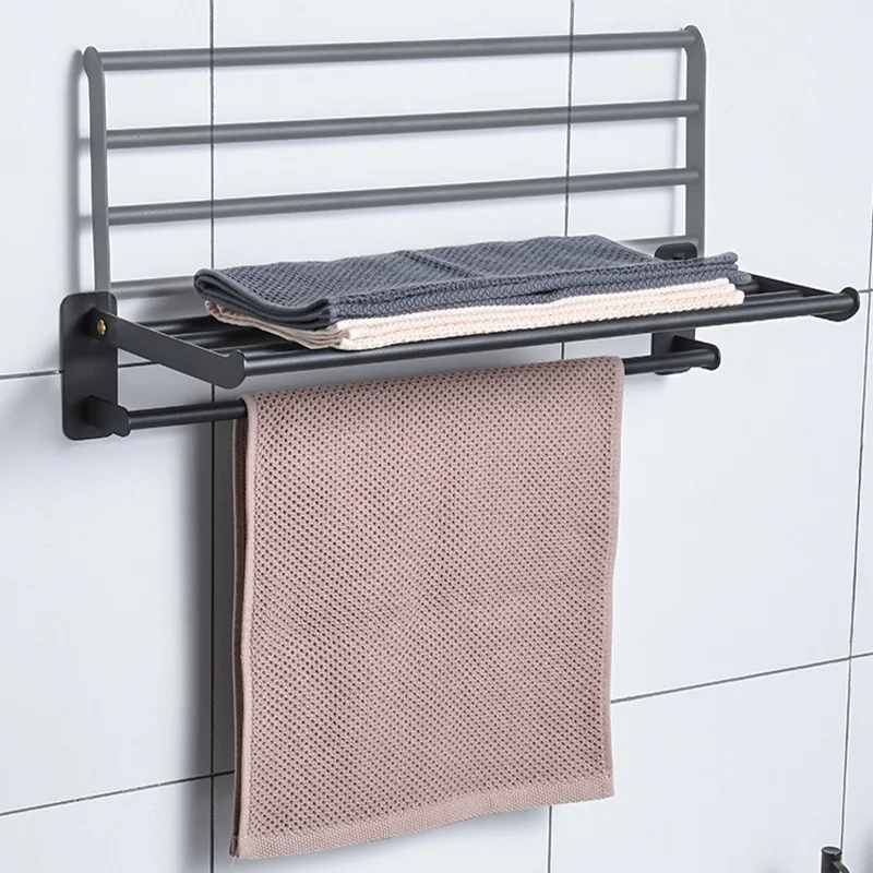 

Folding towel rack, double layer bathroom towel rack, hotel wall towel rod, black hardware pendant