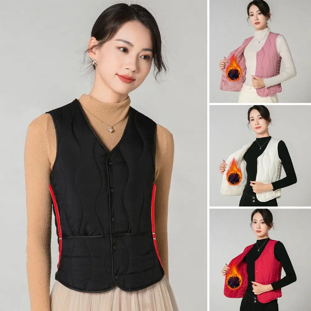 Women Inner Velvet Vest Women's Winter Layering Vest Coat Thin Padded Button Closure Round Neck Sleeveless Design for Cold