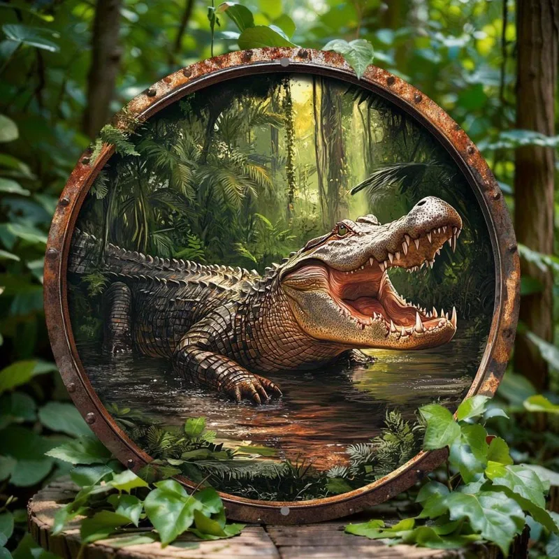

Round Metal Aluminum Sign, 2D Flat Print, Crocodile Themed Wall Art, Home Room Living Room Office Party Decor, Holiday Gift