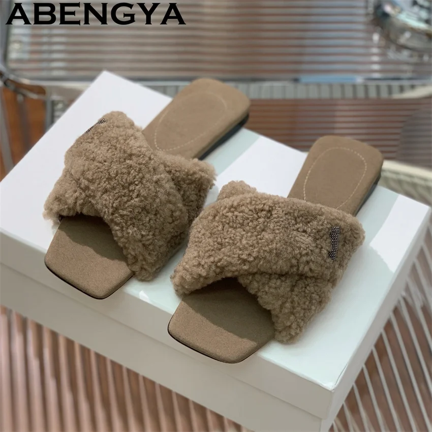 Summer Luxury Peep Toe Wool loafers Slippers for Women Comfort Fluffy Fur Mules Flat Slippers Woman Casual Fashion Punk Slippers
