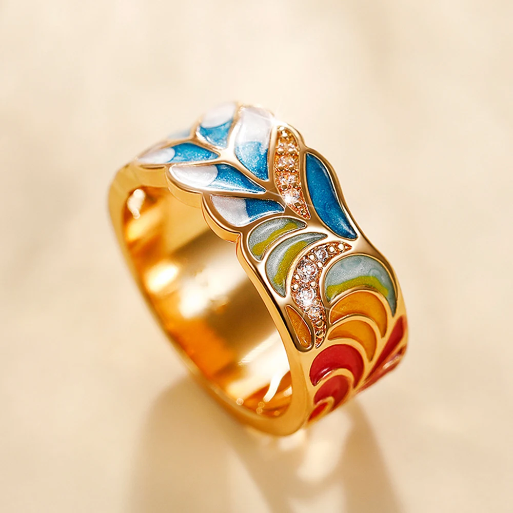 Huitan Handmade Enamel Ring for Women Colorful Feather Pattern Gold Color Cubic Zirconia Ring Romantic Bridal Wedding Jewelry