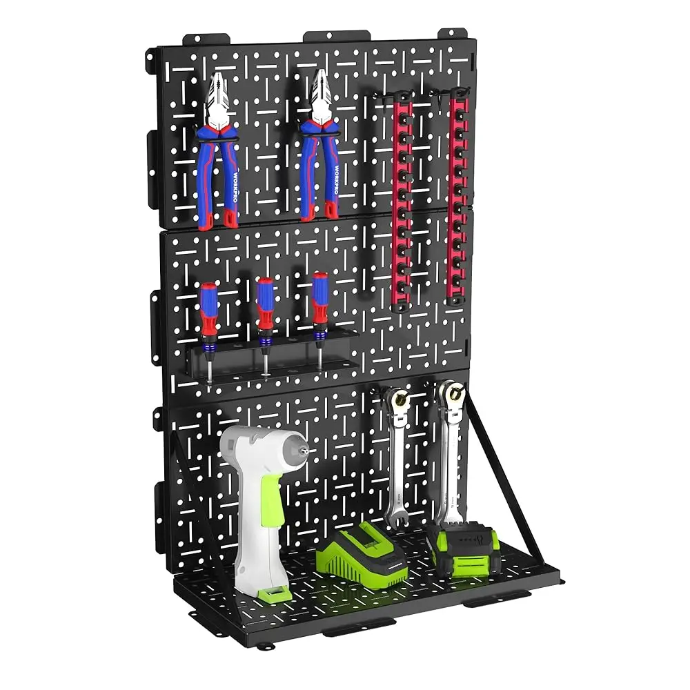 

Металлическая перфорированная доска 16x16 дюймов, складная черная перфорированная панель для организации пространства на стене, стальная панель с круглыми отверстиями и вертикальными пазами, идеальное решение
