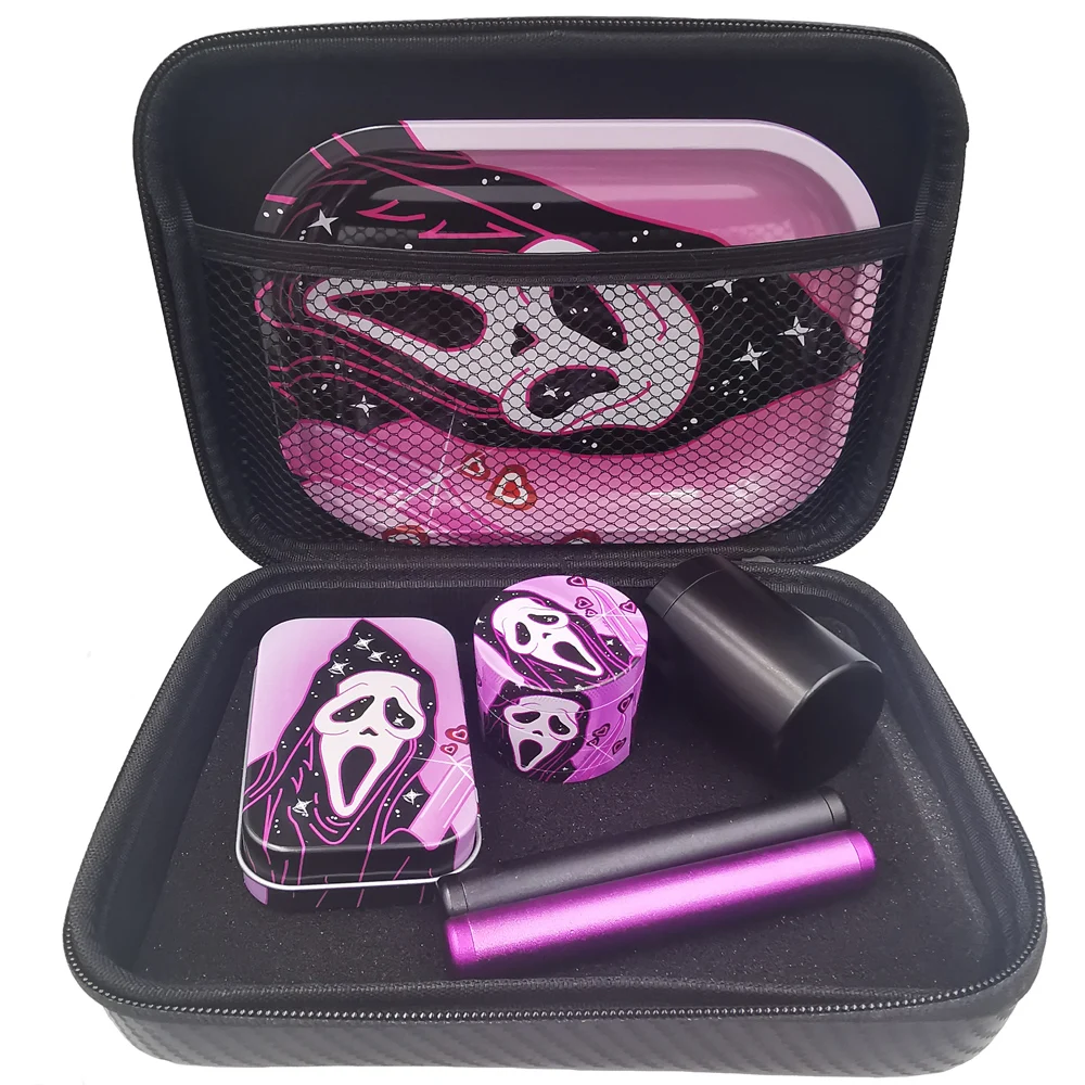 Ghost 50MM Metal Smoke Grinder With 18X14CM Metal Rolling Tray Kit Storage Case with 2 Aluminium Tubes Herb Grinder 4 Layer Set