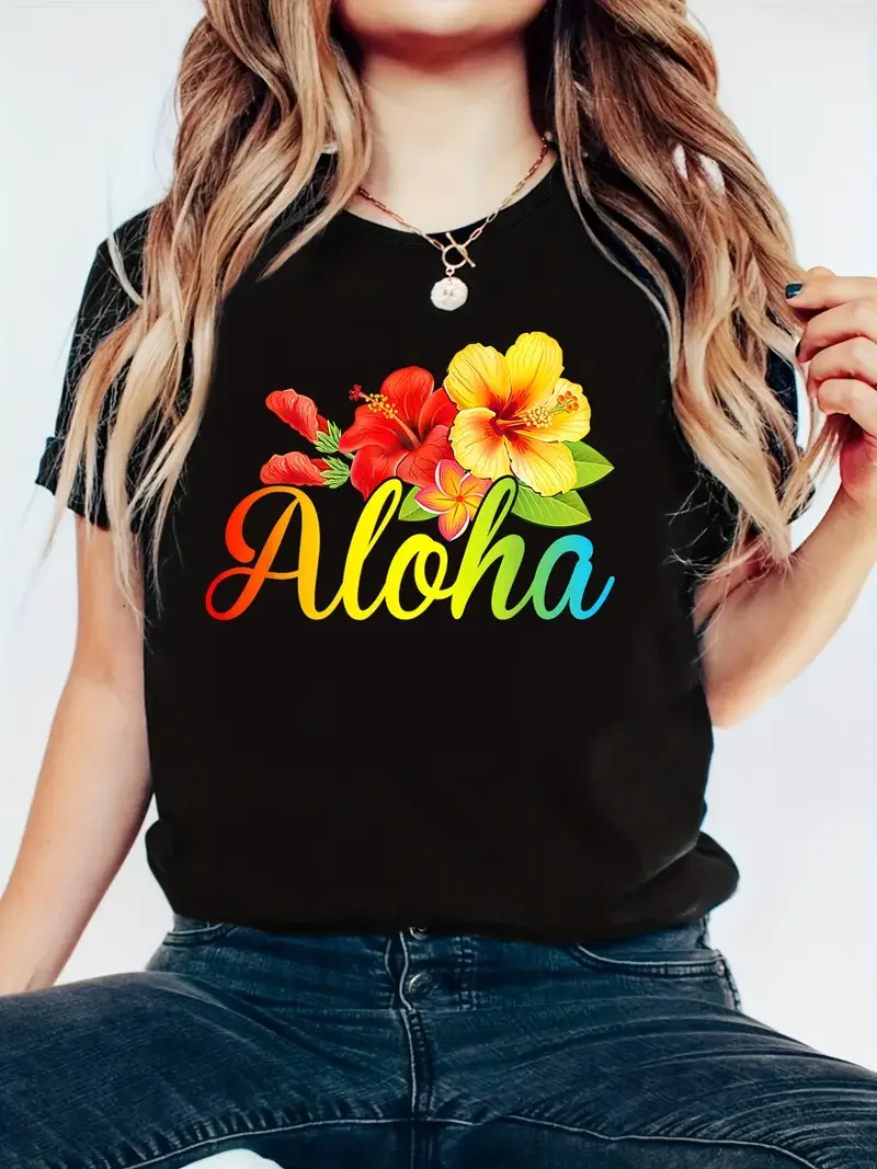 Aloha Hawaiian Vacation Casual Women\'s Summer Short-Sleeved T-shirt Funny Print Tshirt New Summer Short Sleeve T Shirt Tops