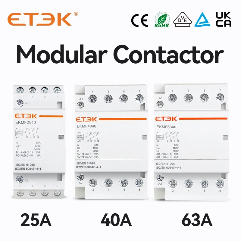 Contactor Modular automático, monofásico, trifásico, 2P, 4P, 230V, 380V, 25A, 40A, 63A, 2NO, 2NC, 4NO, carril Din, EKMF