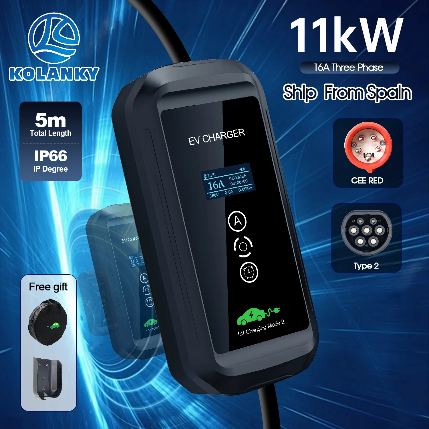 Kolanky Tragbares EV-Ladegerät, 16A 11KW Typ 2, Heimladestation, Wallbox, Ladezeit 1-15 Stunden, EU, für Elektrofahrzeuge, insgesamt 7M, inklusive Netzkabel CEE Rot