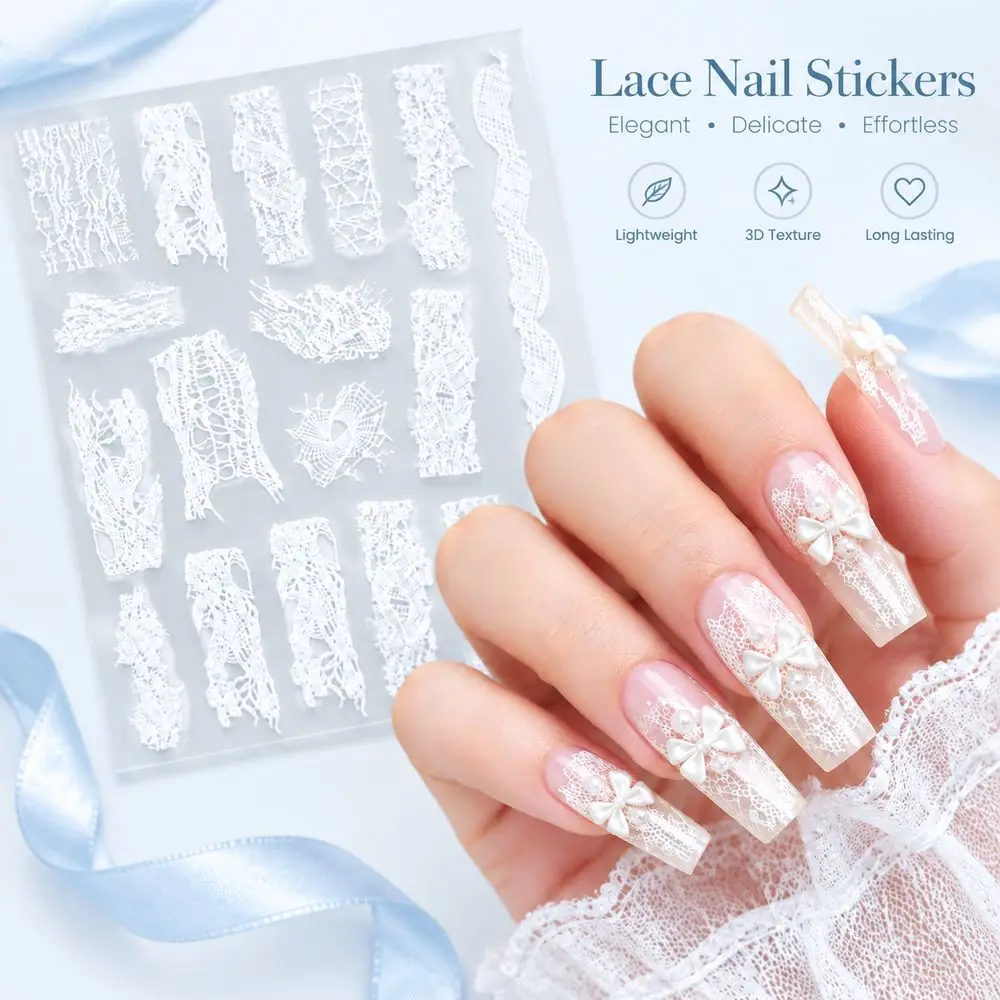 Y2K White Lace Nail Art Stickers Sexy Hollow Out Transparent Decals Self Adhesive Sliders Party Prom Nail Decorations for Nails