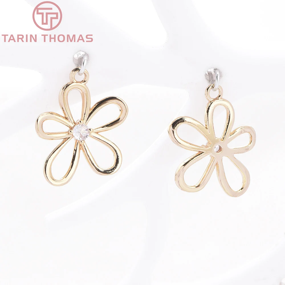 (9264) 4PCS 24K Gold Color Brass with Zircon Plant Series Flower Leaf Shaped Pendants High Quality DIY Jewelry Making Findings