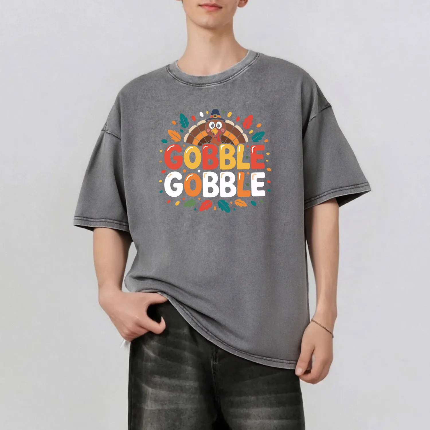 

Thanksgiving Graphic Printing Men's Summer Retro Style Washed Water T-Shirt Casual Short Sleeved Basic Men's Top 230G