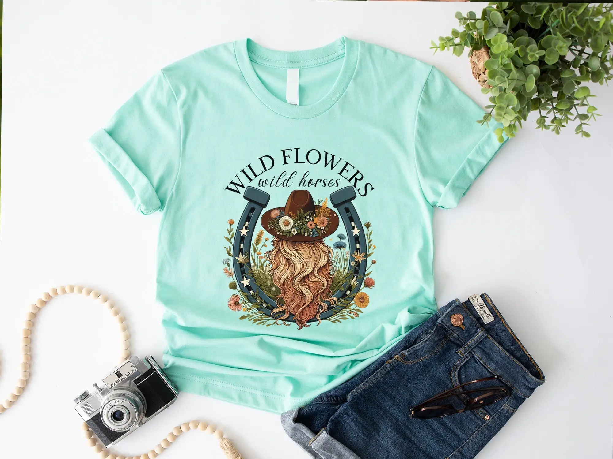 Wild Flowers Horses T Shirt Country Girl Concert Western Cowgirl For Woman