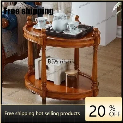 Customizable All Solid Wood Round Table Sofa Side Cabinet Simple Movable Wheel Small Coffee Table