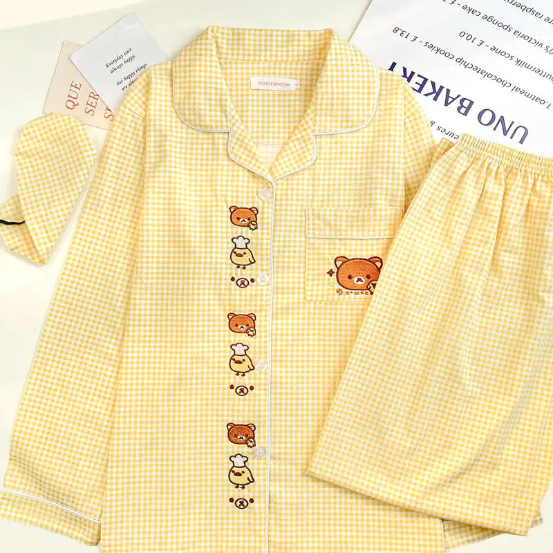 بيجامة Rilakkuma للنساء في الربيع والخريف سراويل بأكمام طويلة من القطن الخالص فتاة كرتونية صفراء متقلب ملابس منزلية لطيفة