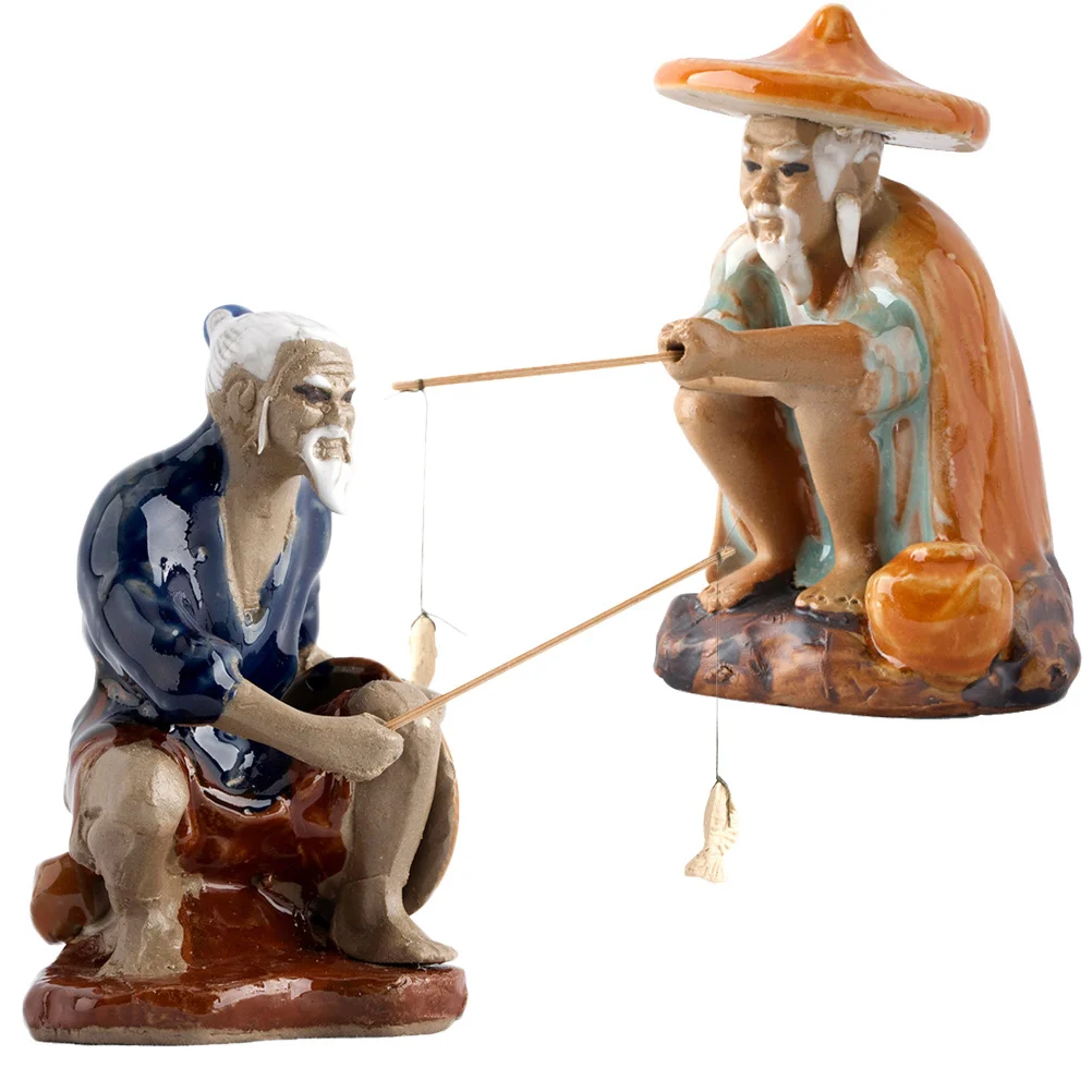 

2Pcs Delicate Fisherman Modeling Statue for Fish Tank Bonsai Ornament Home Garden Decorative Ceramic Craft