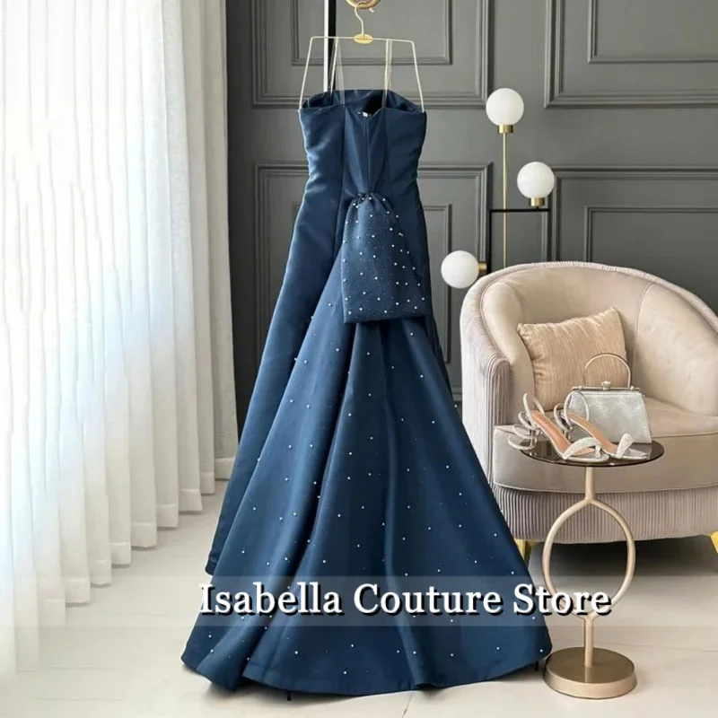 فستان سهرة أزرق ساحر من فيستدوس دي نوش بدون حمالات على شكل حرف a بدون أكمام مع فستان حفل بتفاصيل كريستالية مخصص #4