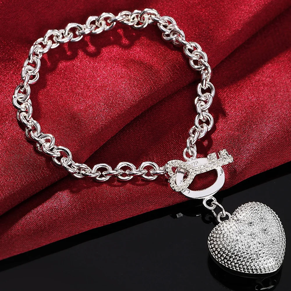 925 Sterling Silver Heart Bracelets For Women Charms Key Chain Bangles Retro Wedding Party Fashion Jewelry 2022 Jewellery Gifts
