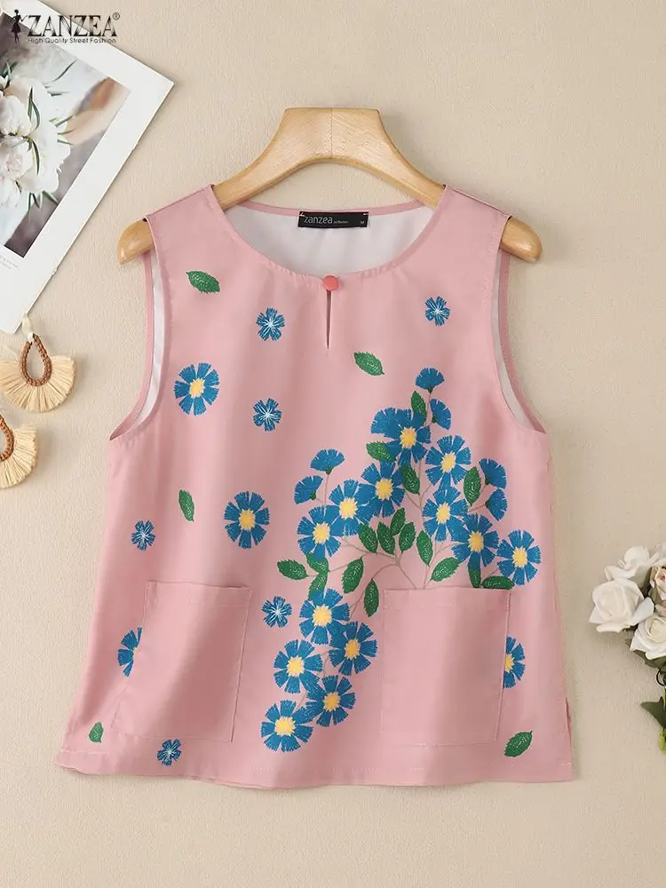 ZANZEA الصيف الأزهار طباعة بلوزات بلا اكمام امرأة 2025 جديد عادية س الرقبة التصحيح جيوب النساء الدبابات القمم عطلة ارتداء اليومي S-3XL