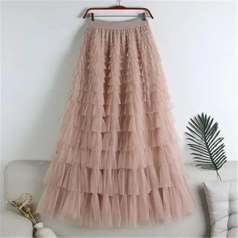 Tutu Cake Skirts Women Elegant Cascading Ruffles A Line Long Skirts Female Casual Elastic Waist Party Lace Skirt Faldas